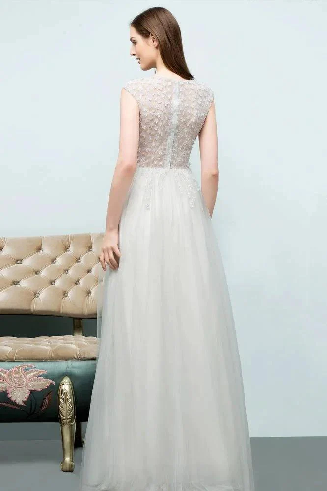 Sleeveless Long Split A-line Appliqued Tulle Prom Dresses - Image 3