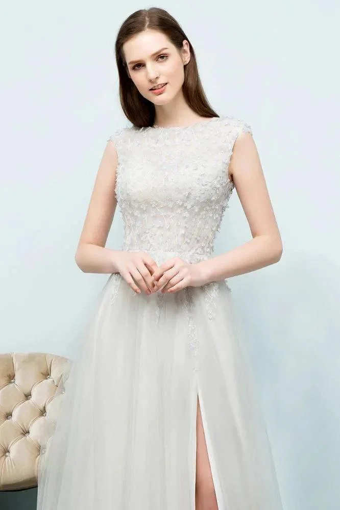 Sleeveless Long Split A-line Appliqued Tulle Prom Dresses - Image 4