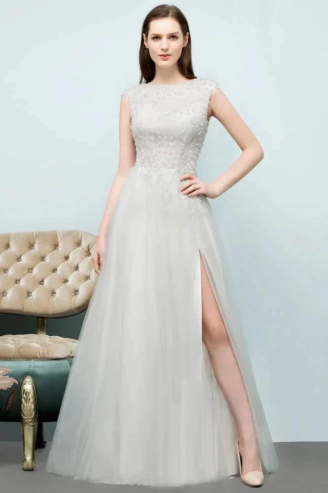 Sleeveless Long Split A-line Appliqued Tulle Prom Dresses - Image 5
