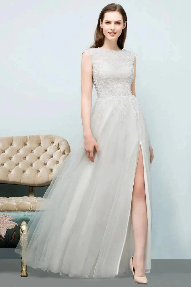 Sleeveless Long Split A-line Appliqued Tulle Prom Dresses - Image 6