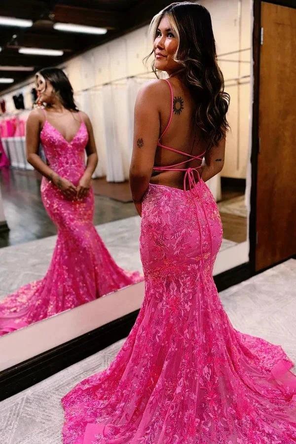 Sleeveless Pink Sequins Mermaid Long Prom Dress with Backless Spaghetti Straps - Image 2