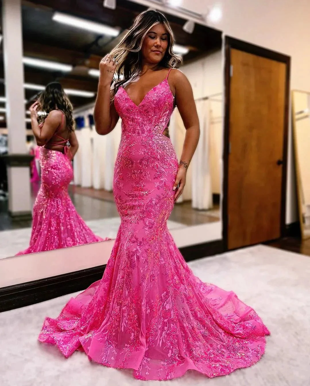 Sleeveless Pink Sequins Mermaid Long Prom Dress with Backless Spaghetti Straps - Image 3