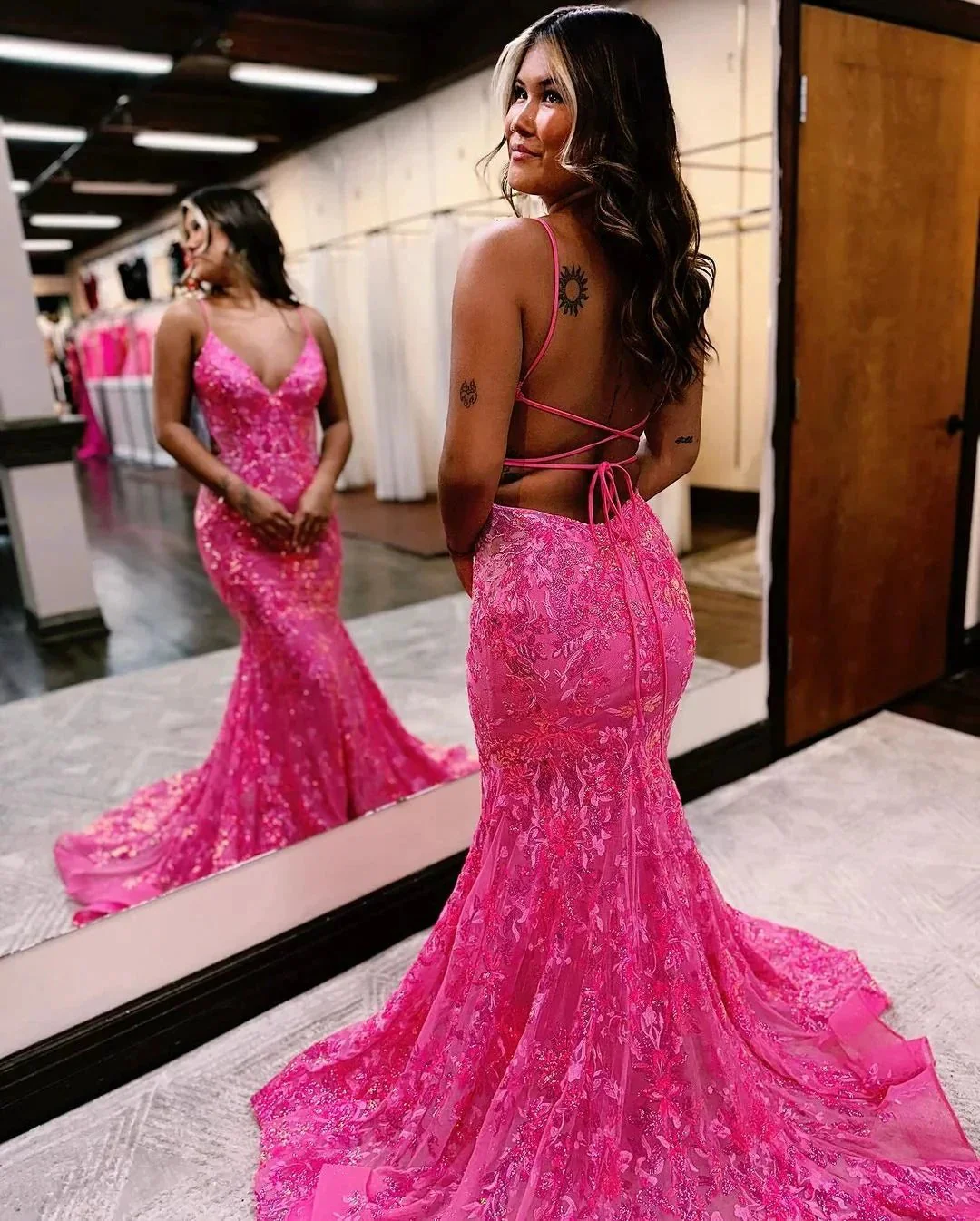 Sleeveless Pink Sequins Mermaid Long Prom Dress with Backless Spaghetti Straps - Image 4