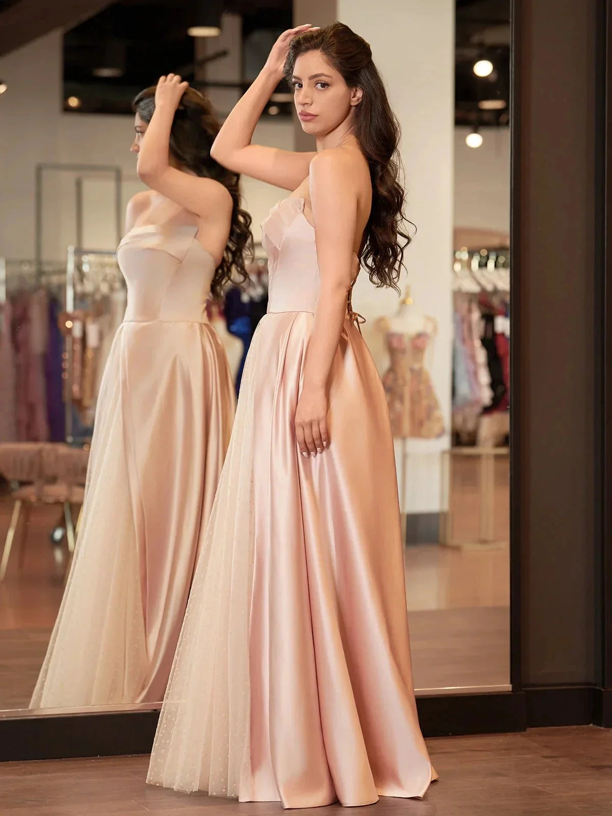Sleeveless Satin A-Line Floor-Length Evening Gown Slit with Tulle Strapless Prom Dress - Image 3