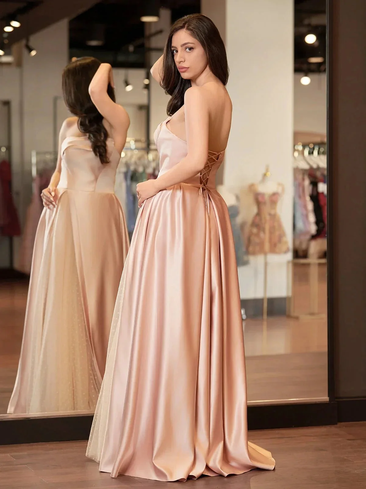 Sleeveless Satin A-Line Floor-Length Evening Gown Slit with Tulle Strapless Prom Dress - Image 4