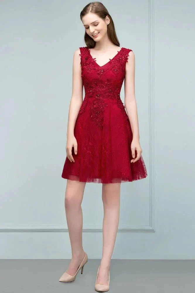 Sleeveless Short A-line V-neck Lace Appliqued Tulle Prom Dresses - Image 3