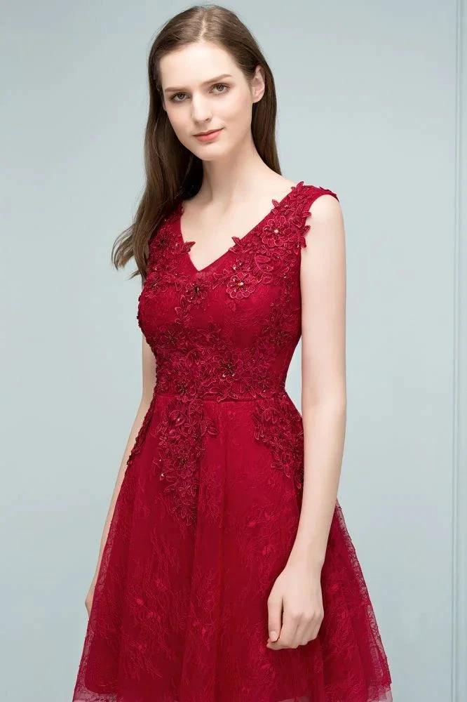 Sleeveless Short A-line V-neck Lace Appliqued Tulle Prom Dresses - Image 5