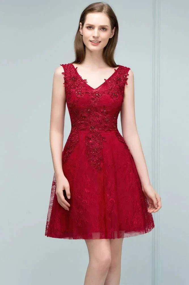 Sleeveless Short A-line V-neck Lace Appliqued Tulle Prom Dresses - Image 6