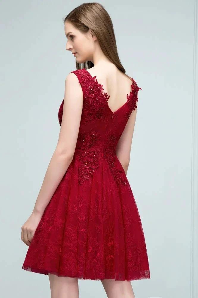 Sleeveless Short A-line V-neck Lace Appliqued Tulle Prom Dresses - Image 7