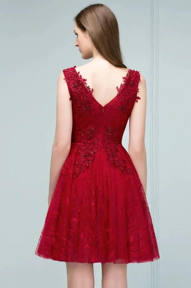 Sleeveless Short A-line V-neck Lace Appliqued Tulle Prom Dresses - Image 8