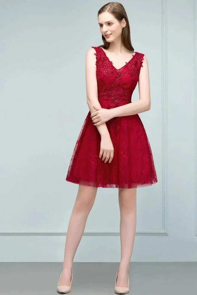 Sleeveless Short A-line V-neck Lace Appliqued Tulle Prom Dresses - Image 9