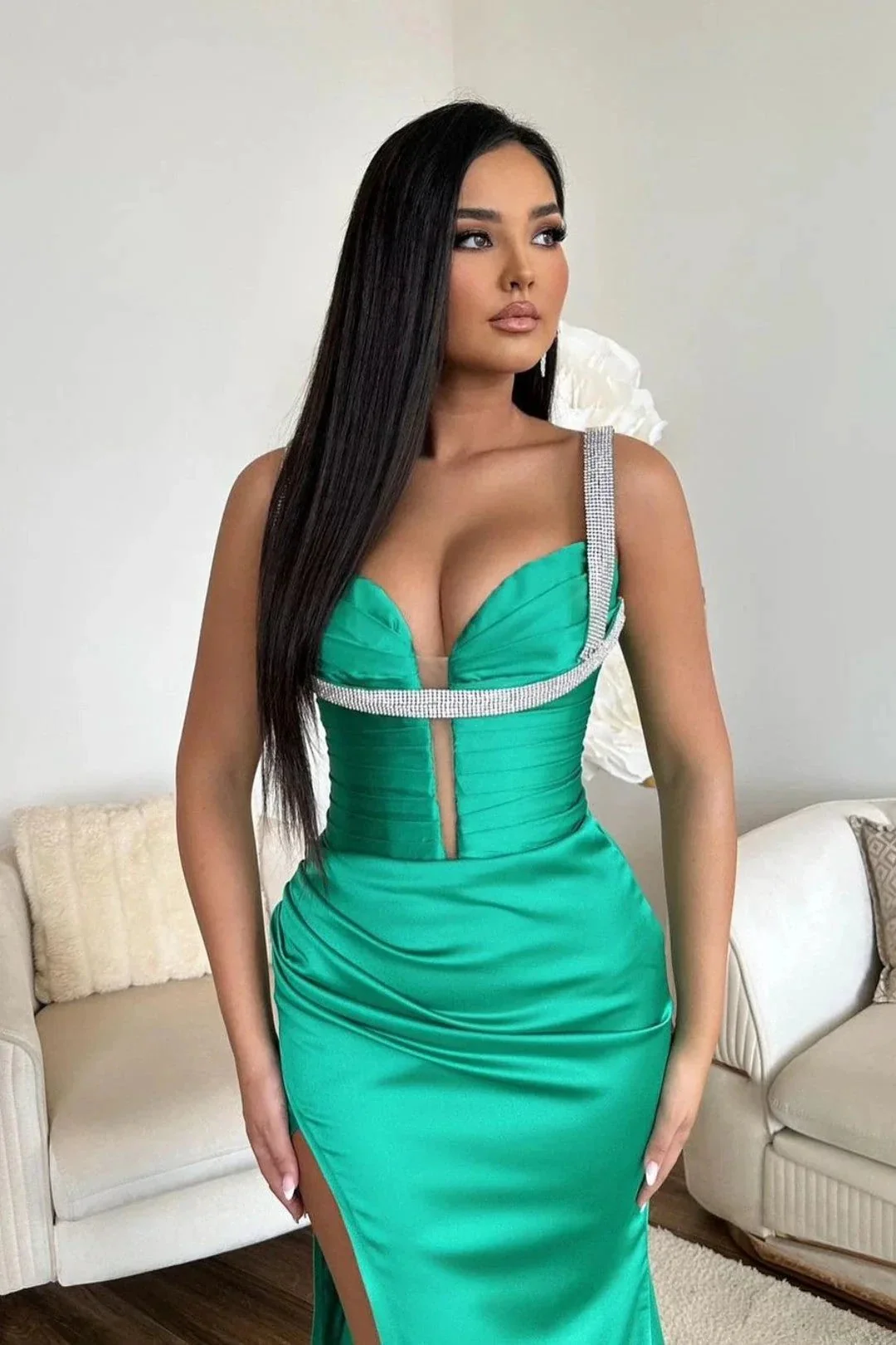 Sleeveless Spaghetti Strap Mermaid Prom Dress with High Slit V Neck in Jade - Image 2