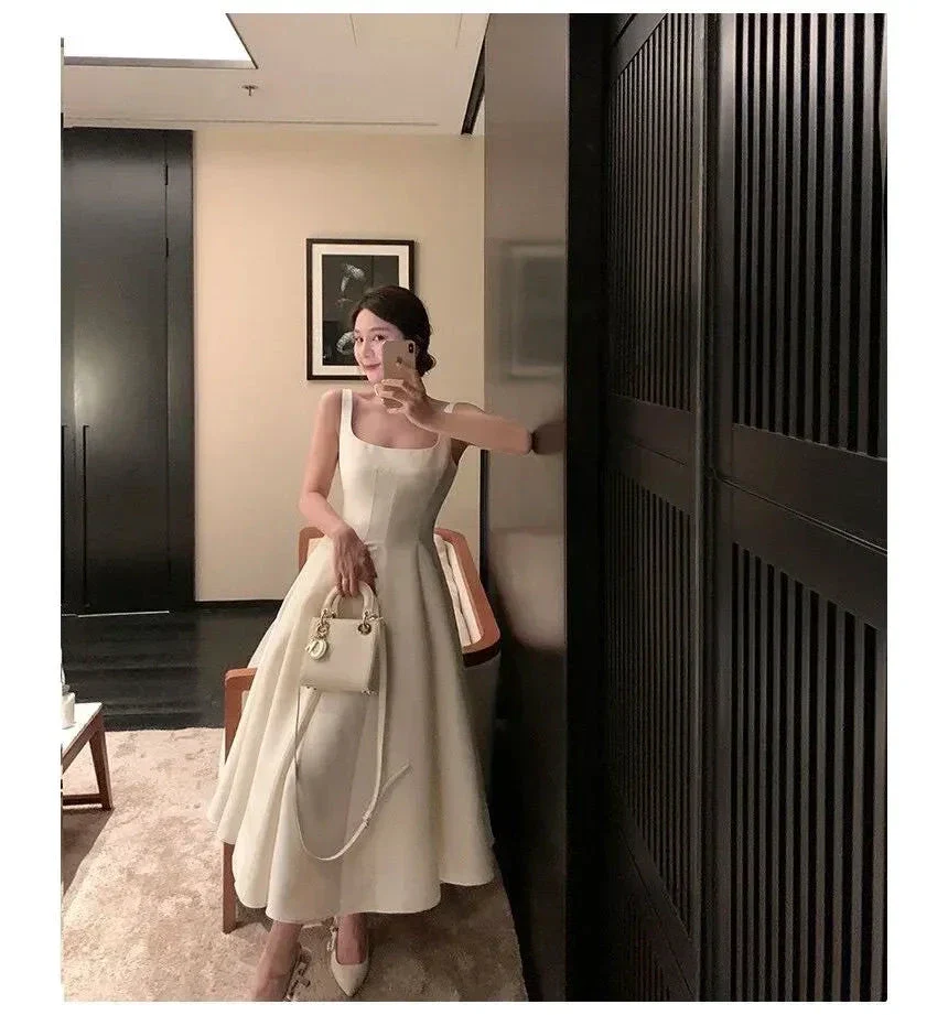 Sleeveless Square Neck Plain Midi A-Line Evening Dress Y4707 - Image 3