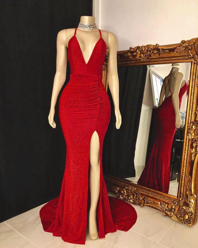 Sleeveless V-neck Halter Prom Dress with Daring Split - Image 2