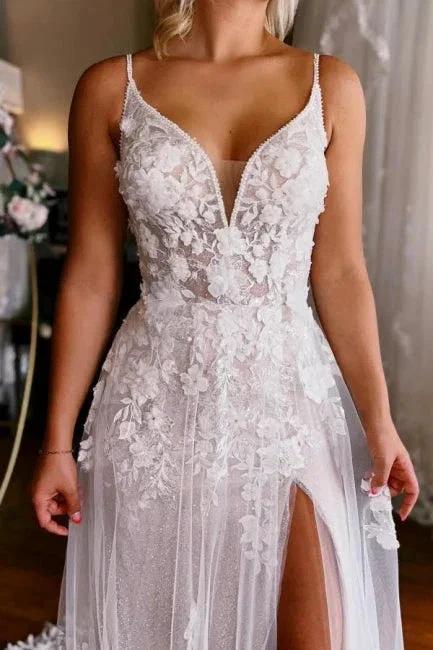 Sleeveless V-neck Straps Sexy Split Court Train Wedding Dress - Image 3