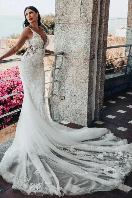 Sleeveless V-Neck Tulle Floor-Length Wedding Dress Lace - Image 2