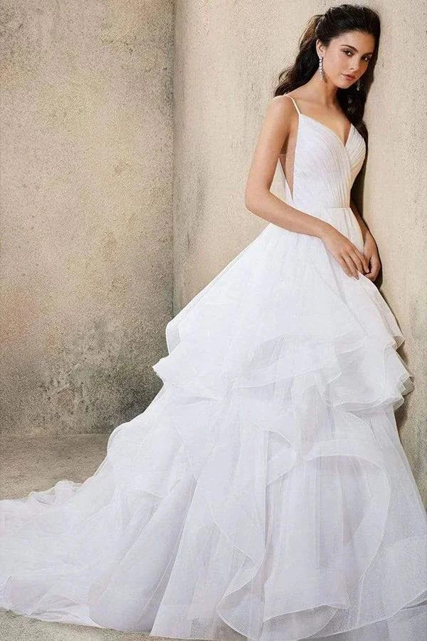 ClassicSpaghetti-Straps V-Neck Wedding Dress Ruffles Chiffon Tulle Designer Bridal Dress - Image 2