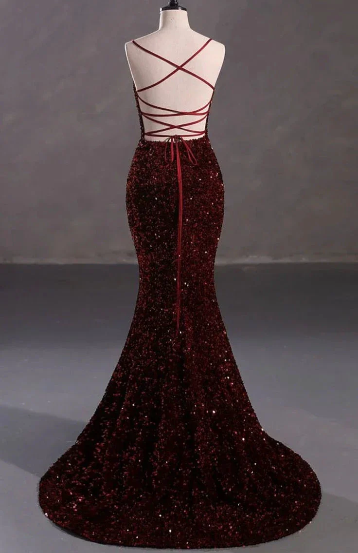 Slim Burgundy Shimmery Open Back Formal Prom Evening Dress Y4164 - Image 2