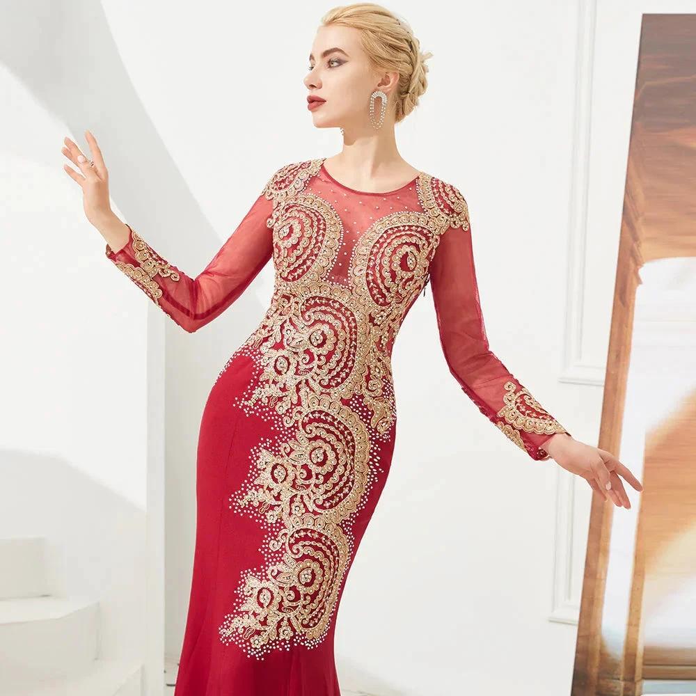 Slim Long Sleeves Gold Appliques Mermaid Evening Gowns Floor Length Event Party Dress - Image 10