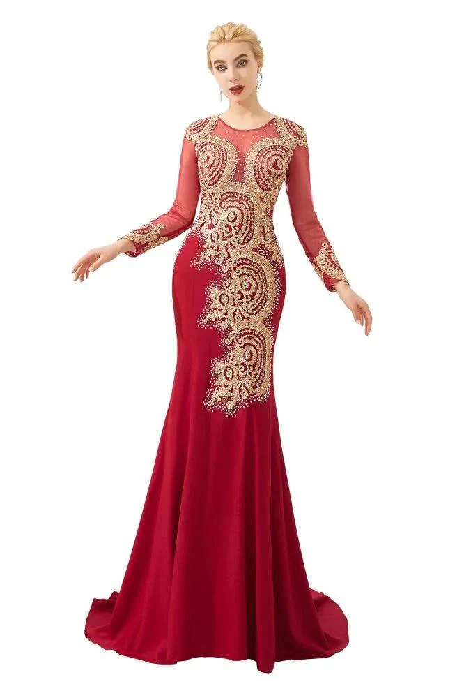 Slim Long Sleeves Gold Appliques Mermaid Evening Gowns Floor Length Event Party Dress - Image 11