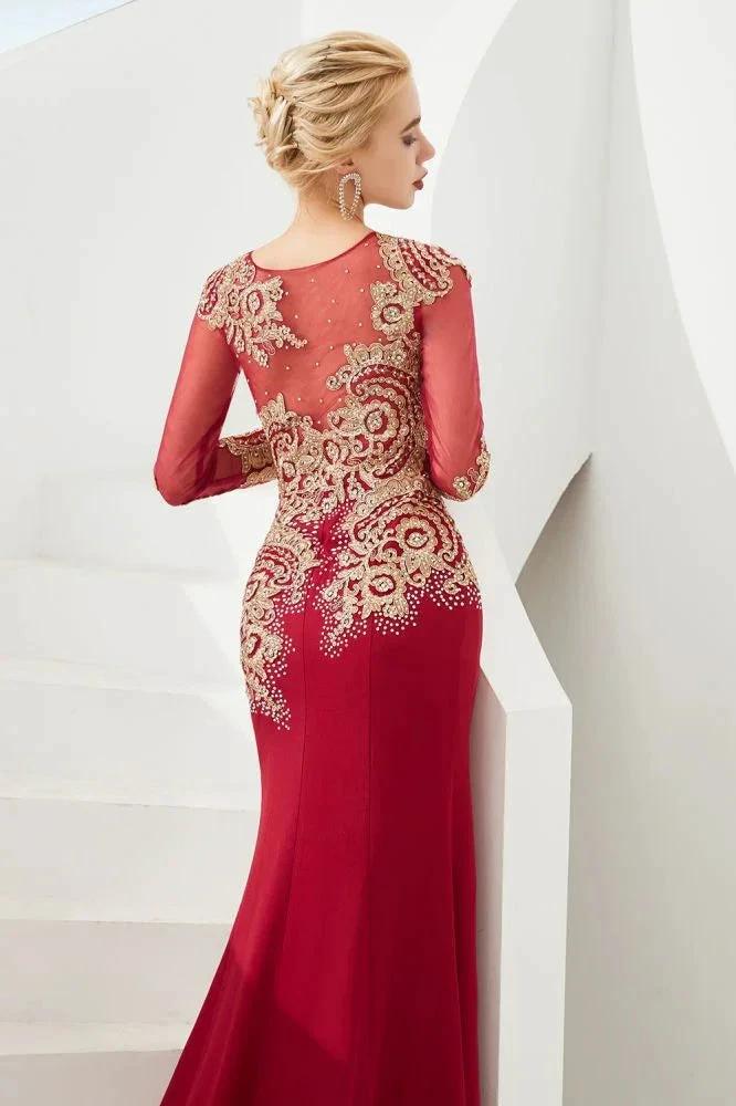 Slim Long Sleeves Gold Appliques Mermaid Evening Gowns Floor Length Event Party Dress - Image 12