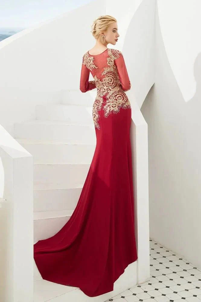 Slim Long Sleeves Gold Appliques Mermaid Evening Gowns Floor Length Event Party Dress - Image 13