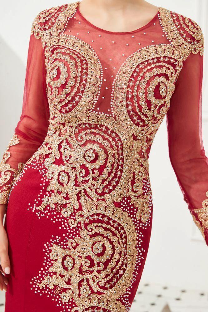 Slim Long Sleeves Gold Appliques Mermaid Evening Gowns Floor Length Event Party Dress - Image 14
