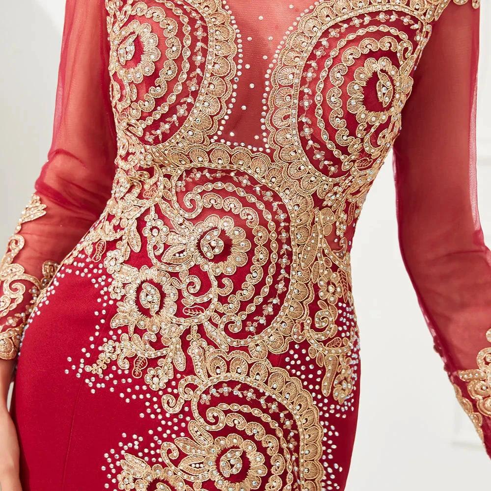 Slim Long Sleeves Gold Appliques Mermaid Evening Gowns Floor Length Event Party Dress - Image 16