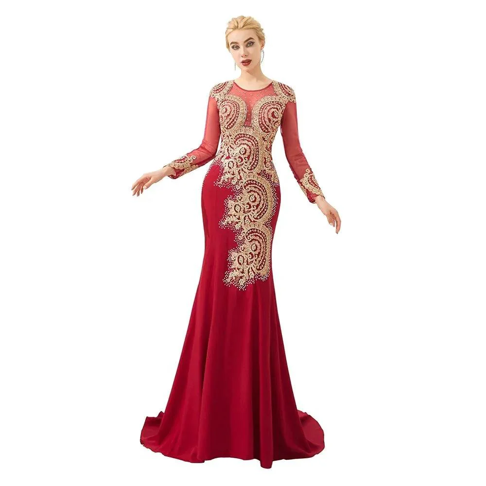 Slim Long Sleeves Gold Appliques Mermaid Evening Gowns Floor Length Event Party Dress - Image 17