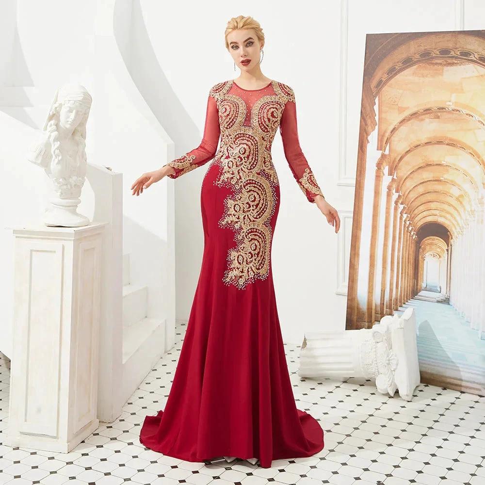 Slim Long Sleeves Gold Appliques Mermaid Evening Gowns Floor Length Event Party Dress - Image 18
