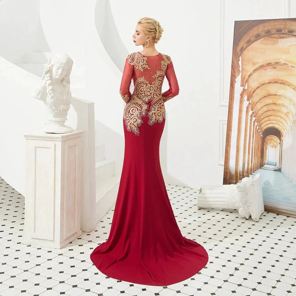 Slim Long Sleeves Gold Appliques Mermaid Evening Gowns Floor Length Event Party Dress - Image 2