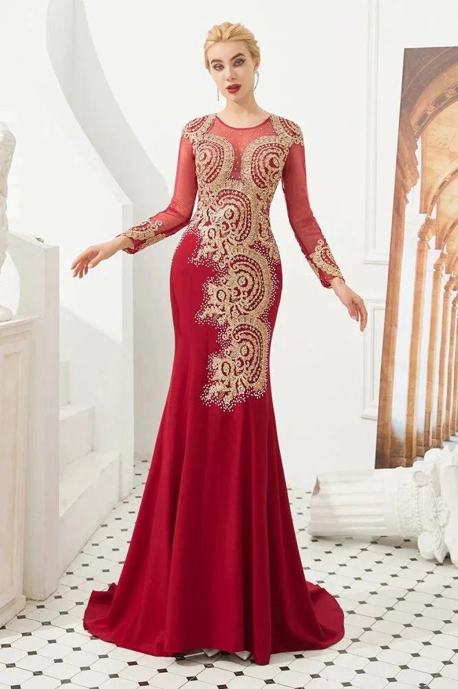 Slim Long Sleeves Gold Appliques Mermaid Evening Gowns Floor Length Event Party Dress - Image 3