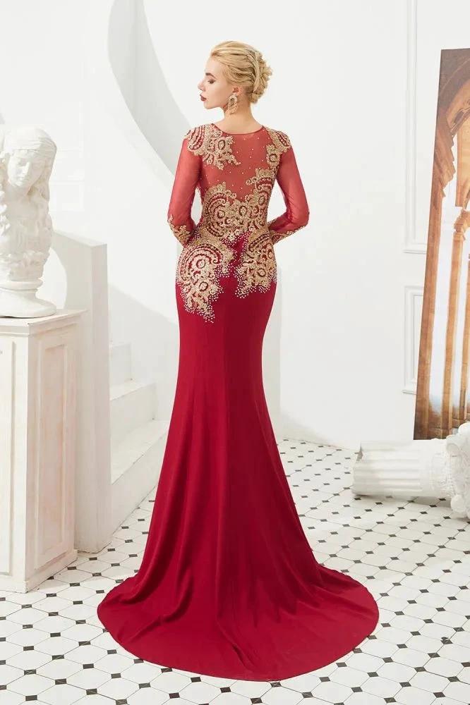 Slim Long Sleeves Gold Appliques Mermaid Evening Gowns Floor Length Event Party Dress - Image 4