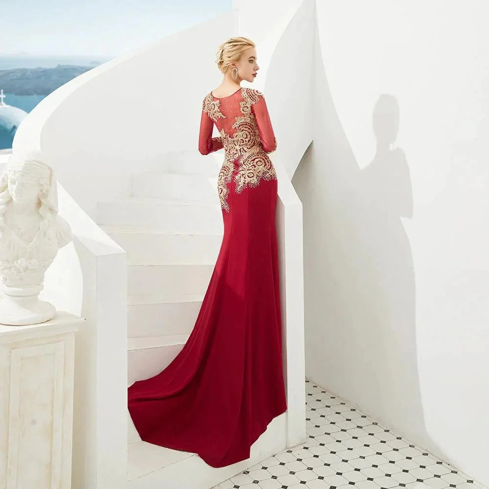 Slim Long Sleeves Gold Appliques Mermaid Evening Gowns Floor Length Event Party Dress - Image 6