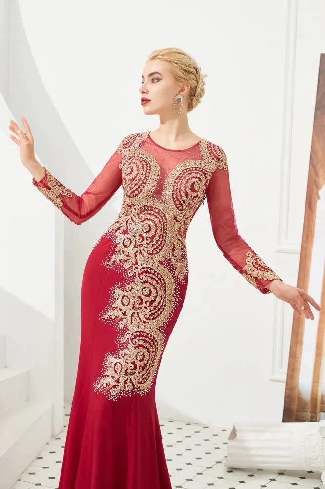 Slim Long Sleeves Gold Appliques Mermaid Evening Gowns Floor Length Event Party Dress - Image 9