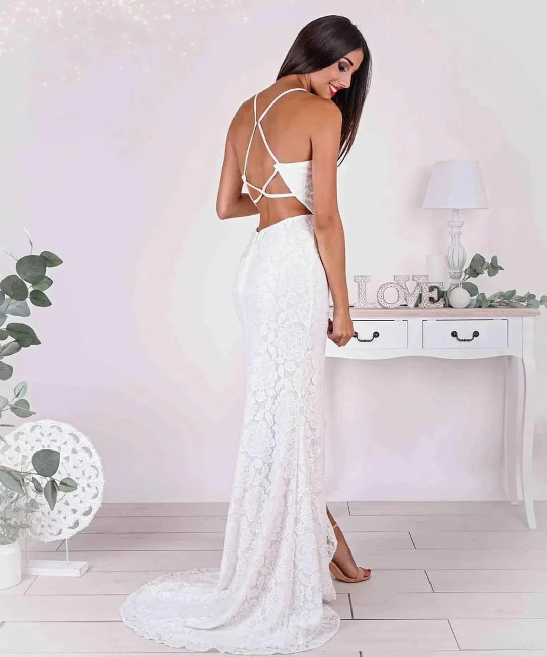 Slit Mermaid Strapless Spaghetti Straps Prom Dress with Lace Applique - Image 2