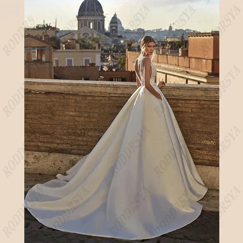 Soft Satin V-Neck Wedding Dresses For Women A-Line Backless Bridal Gowns Sleeveless Insertable Pocket Robe De Mariée - Image 2