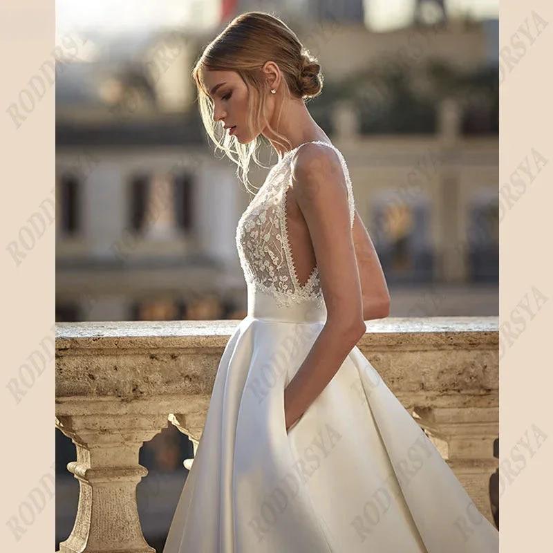 Soft Satin V-Neck Wedding Dresses For Women A-Line Backless Bridal Gowns Sleeveless Insertable Pocket Robe De Mariée - Image 3