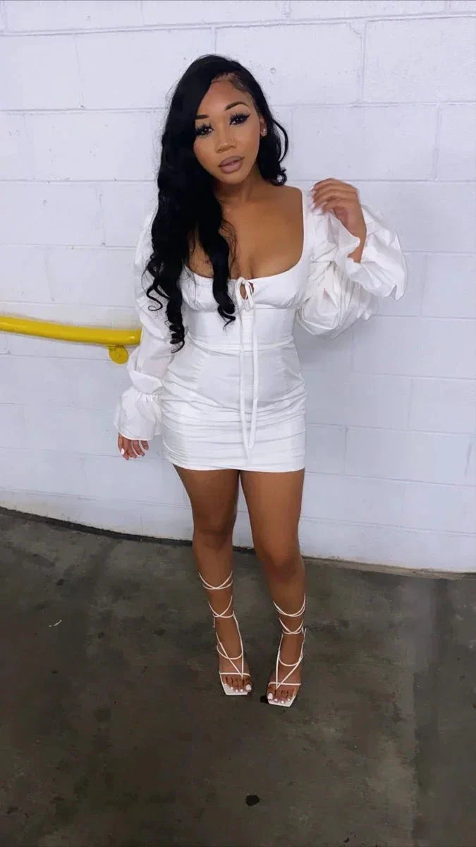 Solid Color Sweet Puff Sleeve Mini Dress White Homecoming Dress Y2225 - Image 2