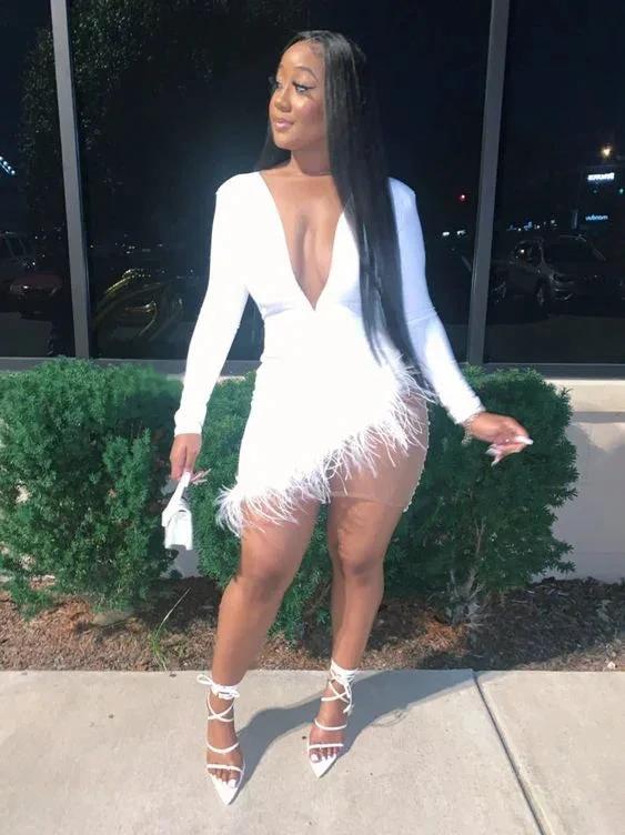 Solid Plunge Fluffy Irregular Party Dress White Dresses Sexy White Homecoming Dress Y332 - Image 2