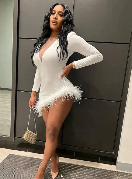Solid Plunge Fluffy Irregular Party Dress White Dresses Sexy White Homecoming Dress Y332 - Image 3
