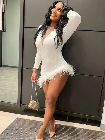 Solid Plunge Fluffy Irregular Party Dress White Dresses Sexy White Homecoming Dress Y332 - Image 4