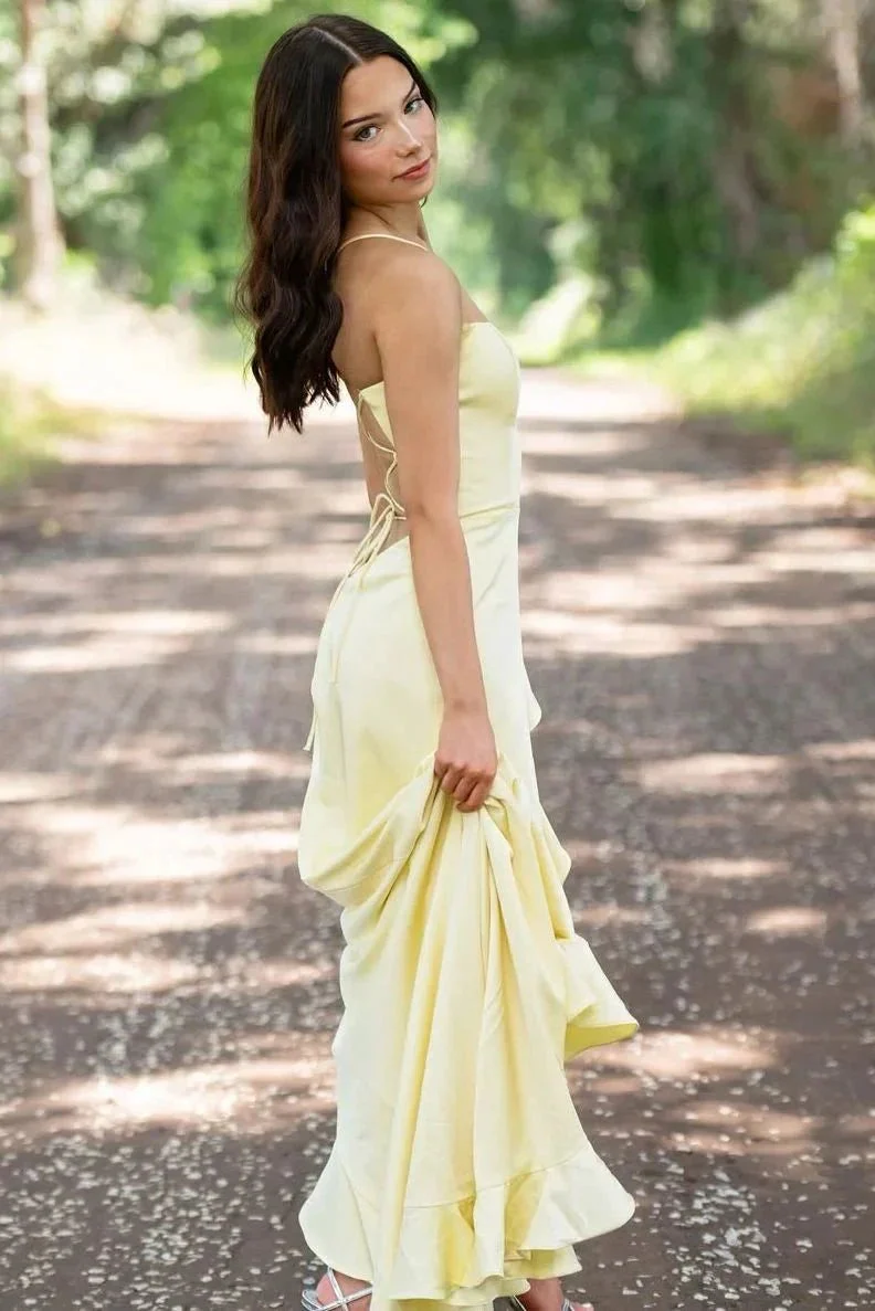 Sophianne | Yellow Spaghetti Straps Mermaid Satin Formal Prom Dress - Image 2