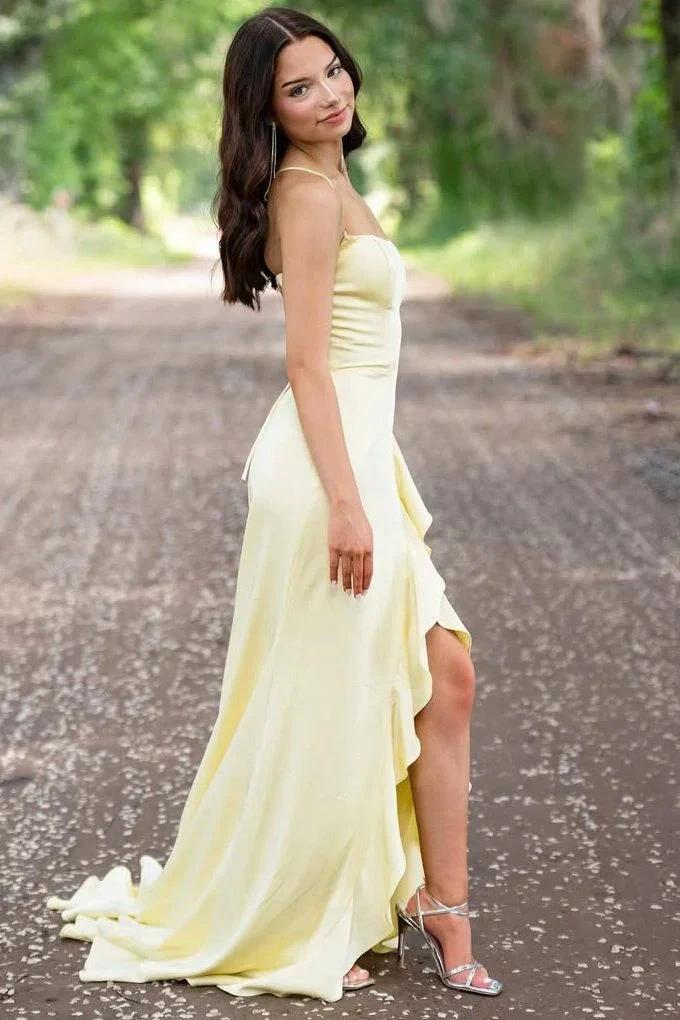Sophianne | Yellow Spaghetti Straps Mermaid Satin Formal Prom Dress - Image 3