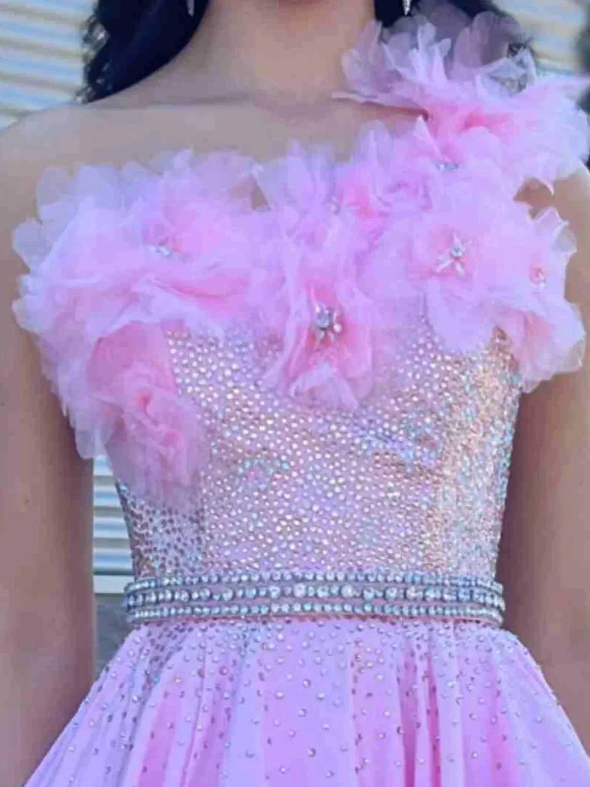 Sophronia | Candy Pink Beaded One Shoulder Long Prom Dress With Flowers - Image 2