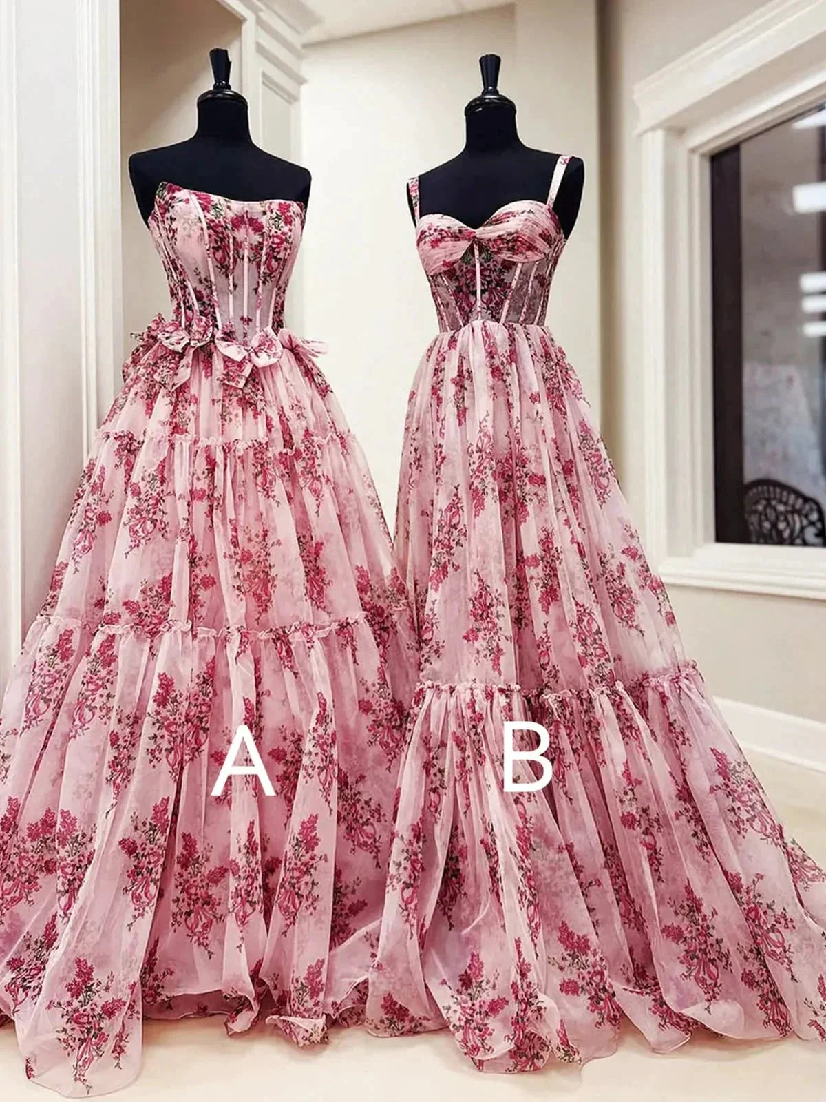 Sosi | Pink Sweetheart A Line  Floral Printed Chiffon Long Prom Dress With Bow - Image 5