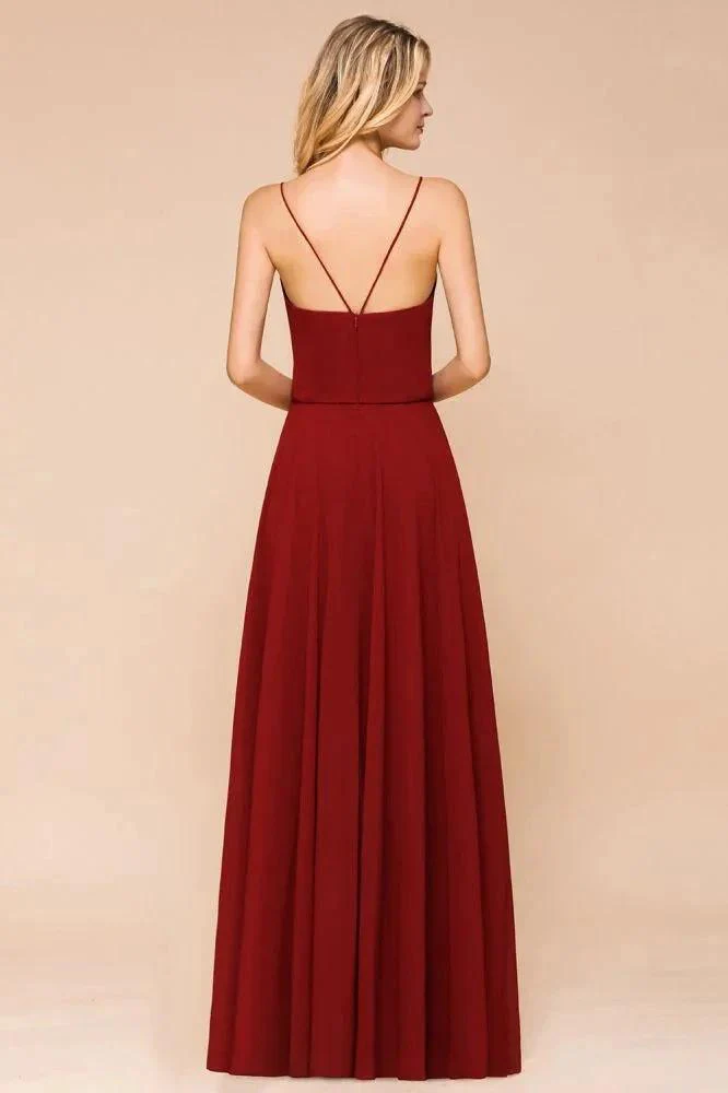 Spaghetti Chiffon Bridesmaid Dress Backless Burgundy Floor-Length Beach Wedding Dress - Image 2