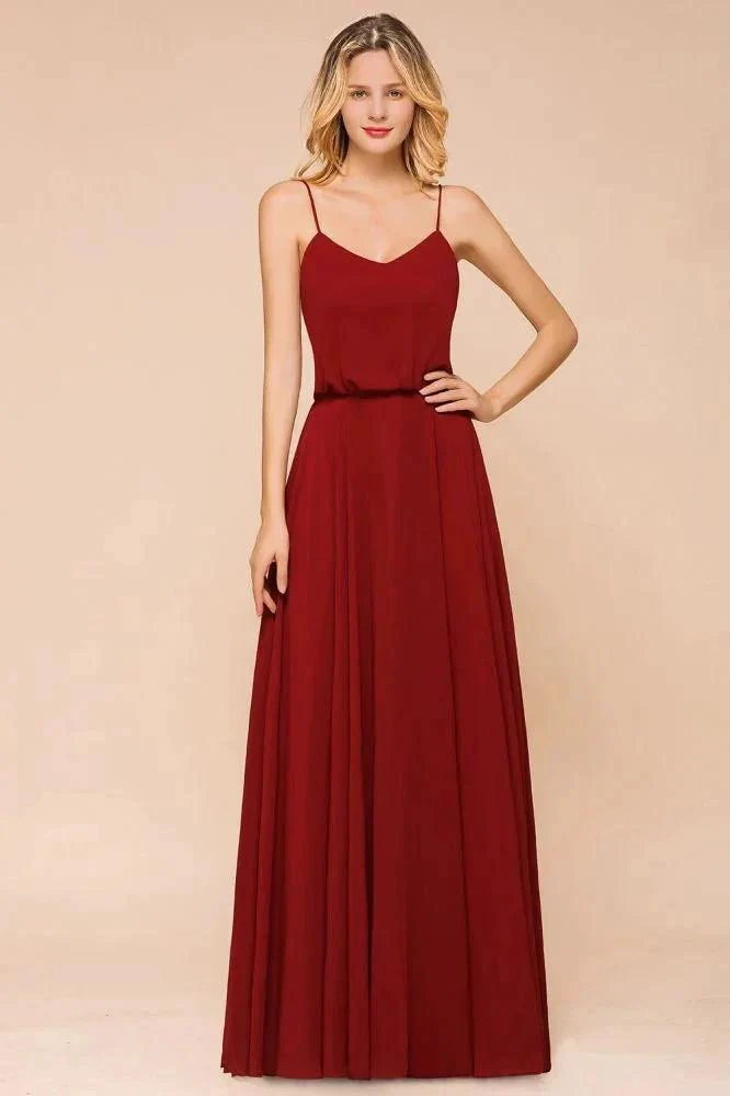 Spaghetti Chiffon Bridesmaid Dress Backless Burgundy Floor-Length Beach Wedding Dress - Image 3