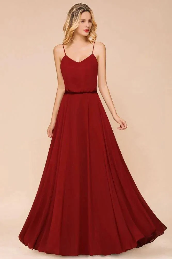 Spaghetti Chiffon Bridesmaid Dress Backless Burgundy Floor-Length Beach Wedding Dress - Image 5