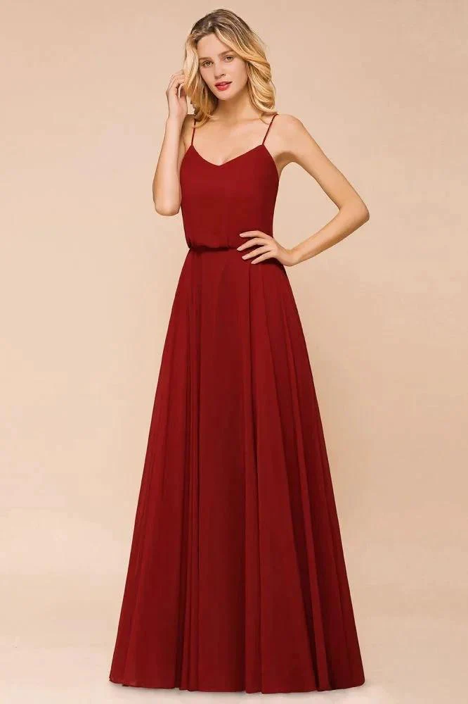 Spaghetti Chiffon Bridesmaid Dress Backless Burgundy Floor-Length Beach Wedding Dress - Image 6